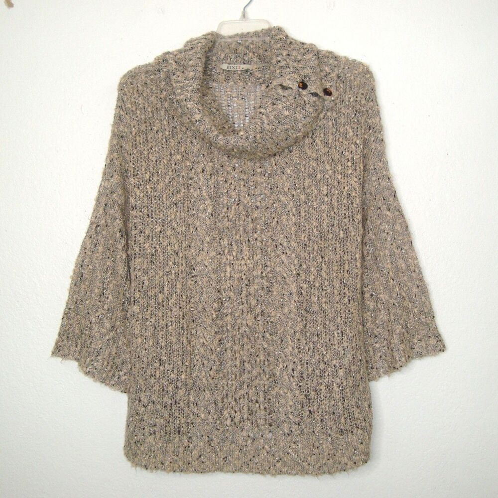 EINII Knit Sweater Button Cowl Neck Textured Bell Sleeves Marled